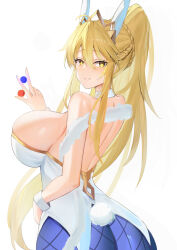 Rule 34 | 1girl, alternate eye color, animal ears, artoria pendragon (fate), artoria pendragon (lancer) (fate), artoria pendragon (swimsuit ruler) (fate), ass, backless leotard, blonde hair, blue pantyhose, braid, breasts, cleavage, closed mouth, cowboy shot, detached collar, fake animal ears, fake tail, fate/grand order, fate (series), fishnet pantyhose, fishnets, fur trim, gold tiara, high ponytail, highres, large breasts, leotard, long bangs, looking at viewer, pantyhose, playboy bunny, ponytail, rabbit ears, rabbit tail, renzero (user vmsj8444), smile, solo, standing, strapless, strapless leotard, tail, white background, white leotard, wrist cuffs, yellow eyes