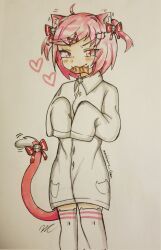 ahoge animal_ears bell blush bob_cut bow buttons cat_ears cat_girl cat_tail dress_shirt food_in_mouth grin heart legs pink_eyes pink_hair pink_tail red_bow shirt smile tail thighhighs