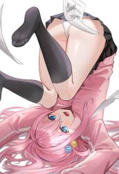 1girl absurdres black_skirt black_socks blue_eyes blush bocchi_the_rock! commentary cube_hair_ornament gotoh_hitori hair_between_eyes hair_ornament highres jacket long_hair long_sleeves looking_at_viewer one_side_up open_mouth panties pantyshot pink_hair pink_jacket rounizm simple_background skirt socks solo symbol-only_commentary thighs top-down_bottom-up track_jacket underwear white_background white_panties