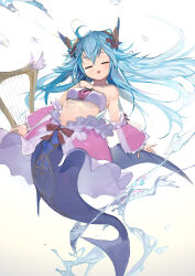 1girl =_= bare_shoulders blue_hair breasts emil_chronicle_online frills harp highres horns instrument long_hair lorelei_lore medium_breasts mermaid mizopost monster_girl open_mouth splatter