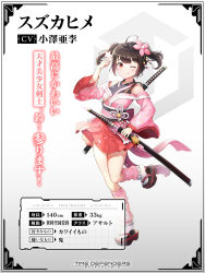 1girl ;q ahoge black_hair character_name character_profile closed_mouth commentary_request copyright_name frilled_socks frills full_body geta highres holding holding_sword holding_weapon japanese_clothes katana kimono looking_at_viewer loose_socks miniskirt obi official_art okobo one_eye_closed pink_kimono platform_footwear platform_sandals pleated_skirt red_eyes red_skirt sandals sash second-party_source skirt smile socks solo standing standing_on_one_leg suzuka_hime_(time_defenders) sword tabi tehepero time_defenders tongue tongue_out twintails weapon white_socks wide_sleeves