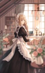 Rule 34 | 1girl, apron, armchair, artist request, back bow, black dress, blue eyes, blunt bangs, book, bookshelf, bow, brown hair, candle, candlestand, ceiling light, chair, criss-cross back-straps, curtains, day, dress, drill hair, eyelashes, feet out of frame, flower, from behind, game cg, hair bow, hairband, happy, highres, indoors, juliet sleeves, lace-trimmed apron, lace-trimmed sleeves, lace hairband, lace trim, lamp, light particles, light rays, living room, lolory (shining nikki), long dress, long hair, long sleeves, looking to the side, maid, maid headdress, nikki (series), official art, outstretched hand, parted lips, pillow, pink flower, pink rose, pleated dress, puffy sleeves, rose, shining nikki, side ponytail, sidelocks, sleeve cuffs, smile, solo, sunlight, table, teresa afternoon tea (shining nikki), vase, white apron, white bow, white hairband, white sleeve cuffs, window