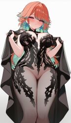1girl absurdres alternate_costume black_bodysuit black_cloak blush bodysuit breasts chronopattern_dress cloak closed_mouth colored_inner_hair commentary earrings english_commentary feather_earrings feathers gradient_hair green_feathers green_hair hair_flaps highres hololive hololive_english jewelry koahri long_hair looking_at_viewer medium_breasts meme_attire multicolored_hair orange_hair purple_eyes revealing_clothes see-through_bodysuit see-through_clothes simple_background solo swept_bangs takanashi_kiara virtual_youtuber white_background