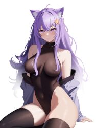 1girl :3 animal_ears arms_at_sides artist_name bare_hips bare_shoulders black_leotard black_thighhighs breasts cat_ears cat_girl closed_mouth covered_collarbone covered_erect_nipples covered_navel cowboy_shot dot_nose eyebrows eyelashes female_focus gumii_(vtuber) hair_ornament highleg highleg_leotard indie_virtual_youtuber jacket jacket_partially_removed large_breasts leotard light_blush long_hair long_sleeves looking_at_viewer matching_hair/eyes naughty_face purple_eyes purple_hair purple_jacket serious sidelocks simple_background sitting solo star_(symbol) star_hair_ornament thighhighs thighs virtual_youtuber white_background wide_hips zetyi