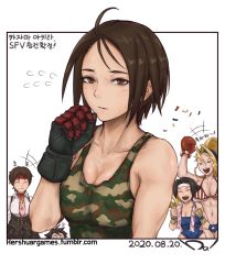 Rule 34 | &gt; &lt;, 4girls, american flag, american flag bikini, american flag print, bikini, blonde hair, blue leotard, boxing gloves, breasts, brown eyes, brown hair, camouflage, camouflage tank top, capcom, cleavage, closed eyes, covered erect nipples, dated, fingerless gloves, flag print, flag print bikini, flying sweatdrops, gloves, headband, hershuar, justice gakuen, kasugano sakura, kazama akira, korean text, large breasts, leotard, makoto (street fighter), medium breasts, medium hair, multiple girls, necktie, open mouth, print bikini, shiritsu justice gakuen, short hair, signature, smile, street fighter, street fighter v, swimsuit, tank top, tiffany lords, translation request, wakaba hinata, watermark, web address