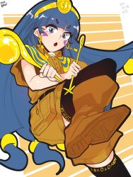 1girl black_thighhighs blue_eyes blue_hair boots brown_shirt brown_shorts earrings facial_tattoo fossilized_wonders highres holding holding_staff jewelry key_earrings long_hair michigami_nareko pants shirt shorts staff tattoo thighhighs touhou zhenhong