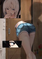1boy 1girl 303_goushitsu_no_kamisama ass black_hair blue_eyes child&#039;s_drawing commentary_request covering_own_mouth crop_top denim denim_shorts funi_mu9 head_out_of_frame height_mark highres inset kami-sama_(303_goushitsu_no_kamisama) legs lower midriff pov shadow shirt short_hair short_shorts shorts sideways_glance stuck through_door white_hair white_shirt wooden_door