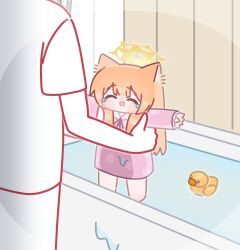 1boy 1girl absurdres animal_ear_fluff animal_ears barefoot bathtub blue_archive blunt_bangs blush chibi closed_eyes halo highres horuhara indoors long_hair long_sleeves mari_(blue_archive) neck_ribbon no_nose nose_blush open_mouth orange_hair outstretched_arms pajamas pink_pajamas polka_dot polka_dot_pajamas ribbon rubber_duck shirt short_sleeves sleeves_past_wrists tearing_up water wet wet_clothes yellow_halo