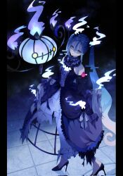 bare_shoulders black_dress black_footwear black_sleeves blonde_hair blue_hair breasts chandelier chandelure corrupted_twitter_file detached_collar detached_sleeves dress fire full_body gen_5_pokemon ghost ghost_miku_(project_voltage) gradient_background hatsune_miku high_heels highres looking_at_viewer medium_breasts nintendo pokemon pokemon_(creature) project_voltage purple_fire sidelocks skirt_basket sleeveless sleeveless_dress tile_floor tiles torn_clothes torn_dress vocaloid white_hair yuyufufu