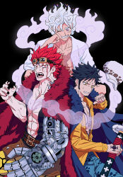 3boys abs belt black_background black_hair black_nails black_shirt blue_cape blue_pants brown_belt cape chest_tattoo clenched_teeth cloud_hair coat coat_on_shoulders collarbone collared_shirt commentary_request curly_eyebrows earrings eustass_kid facial_hair fangs finger_tattoo fingernails fur-trimmed_cape fur_coat fur_hat fur_trim gear_fifth gears goatee goggles goggles_on_head gold_earrings grin hand_tattoo hand_up hat hat_loss head_rest highres holding holding_sheath holding_sword holding_weapon jewelry long_sleeves looking_at_viewer male_focus mechanical_arms monkey_d._luffy multiple_boys muscular muscular_male nail_polish one_eye_closed one_piece open_clothes open_mouth open_shirt pants pectorals purple_eyes red_coat red_eyes red_hair red_lips scar scar_across_eye scar_on_chest scar_on_face scar_on_neck scar_on_stomach sheath sheathed shirt short_hair sideburns simple_background single_mechanical_arm sleeveless sleeveless_shirt smile spiked_hair sweat sweatdrop sword tattoo teeth trafalgar_law v-shaped_eyebrows veins weapon white_hair white_hat white_shirt yakumo_(ykm) yellow_eyes yellow_pants yellow_shirt