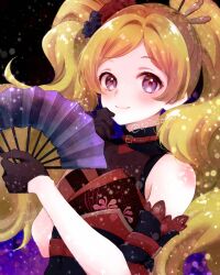 1girl absurdres black_gloves black_kimono blonde_hair blush commentary_request emily_stewart folding_fan gloves hanasakuya_(idolmaster) hand_fan highres holding holding_fan idolmaster idolmaster_million_live! japanese_clothes kimono kori_(spinsongs) long_hair looking_at_viewer purple_eyes smile solo twintails twitter_username upper_body very_long_hair