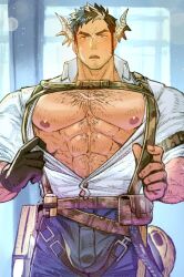 Rule 34 | 1boy, abs, alend (live a hero), bara, bare pectorals, beard stubble, belt, blush, bulge lift, cowboy shot, facial hair, facial scar, framed crotch, gloves, head wings, highres, huge pectorals, live a hero, long sideburns, looking at viewer, male focus, mature male, muscular, muscular male, navel hair, nipples, pants, pectorals, scar, scar on cheek, scar on face, short hair, shy, sideburns, single glove, solo, sparse chest hair, standing, stubble, superman exposure, thick eyebrows, toshun (momotoshi), tsurime, wings