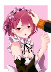 1boy 1girl bare_shoulders black_ribbon black_sleeves blunt_bangs blush breasts cleavage commentary_request curled_fingers detached_collar detached_sleeves dress embarrassed eyebrows_hidden_by_hair flower flustered frills hair_between_eyes hair_ornament hairclip hand_on_another&#039;s_head head_wreath headpat highres long_sleeves looking_at_viewer maid natsuki_subaru open_mouth parted_bangs pink_background pink_hair puffy_sleeves purple_ribbon ram_(re:zero) re:zero_kara_hajimeru_isekai_seikatsu red_eyes ribbon roswaal_mansion_maid_uniform short_hair small_breasts solo_focus two-tone_background upper_body white_background white_dress x_hair_ornament yasehattagi