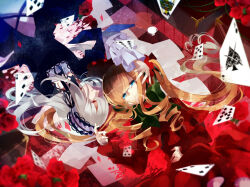2girls black_dress black_hairband blonde_hair blood blue_eyes bonnet bow bowtie capelet card closed_mouth commentary_request cup dress drill_hair drill_sidelocks flower frown gothic_lolita green_bow green_bowtie grey_hair hairband hand_on_own_stomach highres lace-trimmed_capelet lace-trimmed_sleeves lace_trim lolita_fashion lolita_hairband long_hair long_sleeves looking_at_viewer lying multiple_girls omutatsu on_back playing_card profile red_bonnet red_capelet red_dress red_eyes red_flower red_rose rose rotational_symmetry rozen_maiden shinku sidelocks spill suigintou tea teacup twintails very_long_hair