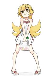 1girl :3 apron back_bow bare_arms bare_legs bare_shoulders blush_stickers bow bow_apron box bracelet closed_mouth dot_nose flat_chest flipped_hair footwear_bow full_body hair_flaps high_heels highres holding holding_box jewelry legs_apart lips long_hair looking_at_viewer monogatari_(series) nail_polish oshino_shinobu pastry_box pigeon-toed pointy_ears red_bow red_skirt ricman_rt ringed_eyes shadow simple_background skirt slit_pupils smile solo toenail_polish toenails toes v-shaped_eyebrows v_arms waist_bow white_apron white_background yellow_eyes