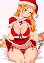 1girl ;q absurdres bikini bikini_under_clothes blush breasts brown_eyes capelet christmas christmas_present cleavage clothes_lift elpipe_3000 female_focus fur-trimmed_headwear fur-trimmed_skirt fur_trim gift hat highres large_breasts lifting_own_clothes long_hair looking_at_viewer merry_christmas nami_(one_piece) one_eye_closed one_piece orange_hair red_bikini red_capelet red_hat red_skirt santa_bikini santa_costume santa_hat sitting skirt skirt_lift solo swimsuit thong thong_bikini tongue tongue_out typo wide_hips wink
