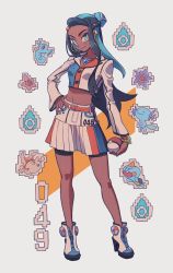 1girl adapted_costume black_hair blue_eyes blue_hair bracelet chewtle commentary_request contrapposto creatures_(company) crop_top dark-skinned_female dark_skin ear_piercing earrings female_focus full_body game_freak gen_1_pokemon gen_2_pokemon gen_8_pokemon goldeen gym_leader highres holding holding_poke_ball hoop_earrings horsea jewelry korean_commentary long_sleeves looking_at_viewer midriff multicolored_hair multicolored_skirt myunazzang navel nessa_(pokemon) nintendo piercing pleated_skirt poke_ball poke_ball_(basic) pokemon pokemon_(creature) pokemon_swsh shoes shorts shorts_under_skirt skirt smile solo standing starmie staryu two-tone_hair white_background white_skirt wooper zipper zipper_footwear zipper_pull_tab