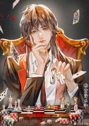 1boy absurdres ace_(playing_card) ace_of_spades bai_liu black_hair blood card casino collared_shirt diamond_(shape) dice dropping earrings floating_card falling_petals floating_card gongyerihe highres i_became_a_god_in_a_horror_game jacket jewelry long_hair long_sleeves male_focus necktie petals playing_card ring shirt sitting spade_(shape) suit_jacket tavel white_shirt