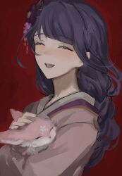 1girl 9zd1fgm7hp87066 animal closed_eyes commentary fox genshin_impact hair_ornament highres holding holding_animal japanese_clothes kimono long_hair makoto_(genshin_impact) open_mouth pink_fur purple_hair red_background smile solo upper_body yae_miko yae_miko_(fox)