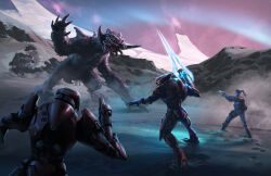 1boy 1girl 1other aiming alien animal armor energy_sword fighting_stance from_behind gun halo_(series) halo_installation halo_mythos handgun isaac_hannaford mountainous_horizon needler official_art olympia_vale plasma_sword ponytail power_armor sangheili science_fiction snow spartan_(halo) sword weapon
