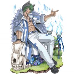 Rule 34 | 1boy, abs, animal skull, balthus (gate of nightmares), black shoes, blue bow, blue coat, blue fire, blue flower, bow, bracelet, cape, coat, facial mark, fire, flower, fur cape, gate of nightmares, grass, green hair, grey cape, highres, jewelry, long coat, looking at viewer, mashima hiro, multicolored coat, muscular, muscular male, necklace, official alternate costume, official art, open clothes, open coat, pants, pointing, shoes, short hair, simple background, sitting, solo, transparent background, two-tone coat, white coat, white pants