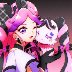 1girl @est@ black_gloves black_hair bow cure_kiss dual_persona earrings fairy gloves hair_bow jewelry kimi_to_idol_precure multicolored_hair one_eye_closed open_mouth pink_hair precure purple_eyes simple_background smile star_(symbol) star_in_eye symbol_in_eye tears twintails two-tone_hair
