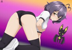 1girl absurdres acrux ahoge all_fours ass black_buruma black_hair black_thighhighs brown_hair buruma closed_mouth commentary english_commentary from_behind gym_shirt gym_uniform half-closed_eyes hand_on_own_chest highres hiiragi_utena looking_at_viewer looking_back mahou_shoujo_ni_akogarete shirt shoes short_hair short_sleeves smile solo t-shirt thighhighs uwabaki venalita white_shirt white_shoes