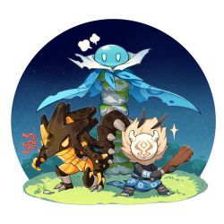 black_skin chibi colored_skin genshin_impact highres hilichurl_(genshin_impact) mask monster night night_sky official_art sky slime_(creature) slime_(genshin_impact) tribal
