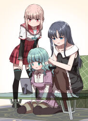 Rule 34 | 3girls, black thighhighs, blue hair, braid, casual, futaba sana, green eyes, green hair, highres, hime cut, kamihama university affiliated school uniform, long hair, magia record: mahou shoujo madoka magica gaiden, mahou shoujo madoka magica, mizuna girls&#039; academy school uniform, multiple girls, open mouth, pantyhose, pink hair, red eyes, sakaemdg, school uniform, sitting, smile, tamaki iroha, thighhighs, wariza