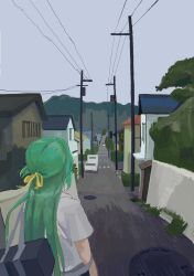 1girl alley green_hair hair_tie highres higurashi_no_naku_koro_ni long_hair overcast pillar sasamoti13 shirt sky solo sonozaki_shion white_shirt