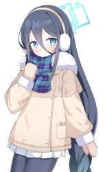 1girl aqua_eyes aqua_halo aris_(blue_archive) aris_(winter)_(blue_archive) black_hair black_pantyhose blue_archive blue_scarf blush braid bright_pupils brown_coat brown_hairband brown_mittens buttons closed_mouth coat commentary cowboy_shot double-parted_bangs earmuffs fur-trimmed_coat fur-trimmed_sleeves fur_trim hair_between_eyes hairband halo hand_up highres hood hood_down hooded_coat long_bangs long_hair long_hair_between_eyes long_sidelocks long_sleeves looking_at_viewer loosely_tucked_bangs low-braided_long_hair low-tied_long_hair miniskirt mittens official_alternate_costume official_alternate_hairstyle pantyhose plaid_clothes plaid_scarf pleated_skirt pocket preste puffy_long_sleeves puffy_sleeves rectangular_halo ringed_eyes scarf sidelocks simple_background single_braid skirt smile solo split_mouth very_long_hair white_background white_pupils white_skirt winter_clothes