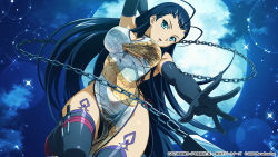1girl alternate_costume antenna_hair arm_up black_gloves black_hair chain china_dress chinese_clothes dress elbow_gloves floating_hair full_moon gloves green_eyes grey_thighhighs highres ikkitousen kakouen_myousai lens_flare long_hair looking_at_viewer moon night official_art open_mouth outstretched_hand print_dress shiny_clothes shiny_legwear sleeveless sleeveless_dress solo thighhighs very_long_hair