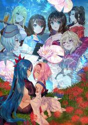 6+girls :d ;d ahoge backless_dress backless_outfit banako_(yumeutsutsu) bare_shoulders black_headband blonde_hair blue_eyes blue_hair blush brown_hair closed_mouth cup daigo_honoka dress drinking_glass flower fuzichoco glasses green_eyes grey_hair hairband headband highres holding holding_sketchbook holding_tray jacket key_visual long_hair long_sleeves lotus low_twintails majo_(yumeutsutsu) marie_mahler median_furrow mugendou_saki multiple_girls nie_(yumeutsutsu) off_shoulder official_art ohtori_ai one_eye_closed one_side_up open_mouth pink_flower pink_hair ponytail promotional_art red_eyes red_flower red_hairband red_jacket short_hair siblings sidelocks sisters sketchbook smile spider_lily split_mouth tachibana_nana_(yumeutsutsu) track_jacket tray tumbler_glass twins twintails very_long_hair white_dress yanagiya_kokoro yumeutsutsu_re:master yuri