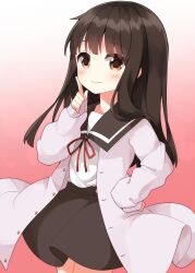 1girl black_sailor_collar black_skirt blush brown_hair closed_mouth commentary_request cowboy_shot gradient_background hand_up highres index_finger_raised lab_coat long_hair long_sleeves looking_at_viewer neck_ribbon orange_eyes red_background red_ribbon ribbon ruu_(tksymkw) sailor_collar sakurada_maon shirt skirt smile solo tamayura white_background white_shirt