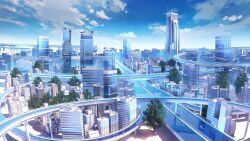 Rule 34 | blue sky, building, canal, city, cityscape, cloud, commentary request, day, hachio81, highres, lamppost, original, outdoors, reflection, reflective water, scenery, sky, skyscraper, tree, vanishing point, viaduct, window