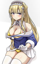 Rule 34 | 1girl, arthur ko, bikini, blonde hair, blue eyes, blue shirt, breasts, cleavage, clothes lift, clothes pull, double bun, fletcher (kancolle), gloves, gold bikini, hair bun, hair ornament, hairband, highres, kantai collection, large breasts, long hair, looking at viewer, neckerchief, off shoulder, sailor collar, school uniform, serafuku, shiny swimsuit, shirt, shirt pull, skirt, skirt lift, smile, solo, star (symbol), star hair ornament, swimsuit, white sailor collar, yellow neckerchief