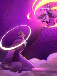 2boys add-on_(off) arm_up artist_name baseball_bat baseball_cap baseball_uniform boots coat dedan_(off) energy fighting fighting_stance hat holding holding_baseball_bat holding_weapon incoming_attack long_sleeves male_focus monster_boy multiple_boys off_(game) open_mouth pants purple_theme shirt shirt_tucked_in sportswear stairs tanblaque teeth the_batter_(off) weapon