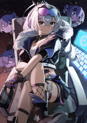absurdres black_footwear black_gloves black_jacket black_shorts boots chair chibi crossed_legs eyewear_on_head fingerless_gloves fishnets fur-trimmed_jacket fur_trim gloves goggles goggles_on_head grey_eyes grey_hair hair_between_eyes handheld_game_console highres honkai:_star_rail honkai_(series) jacket jaihu computer_keyboard long_hair looking_at_viewer monitor playstation_portable ponytail shirt shorts silver_wolf_(honkai:_star_rail) sitting thigh_strap white_shirt