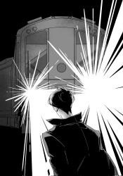1boy benkdjjituibot black_background black_coat black_hair coat full_body glint greyscale headlight_beam highres imminent_death incoming_train male_focus monochrome omniscient_reader&#039;s_viewpoint popped_collar short_hair solo train yoo_joonghyuk