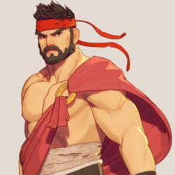 1boy 3d bara bare_pectorals beard black_hair dan_eder facial_hair frown headband large_pectorals looking_at_viewer male_focus mature_male midriff_sarashi muscular muscular_male nipples pectorals ryu_(street_fighter) sarashi sash short_hair solo street_fighter street_fighter_6 thick_eyebrows upper_body white_background wind wrinkled_skin