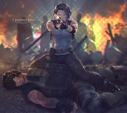 Rule 34 | 1boy, 1girl, aiming, artist name, beard stubble, black hair, blue eyes, blue shirt, brown hair, carlos oliveira, facial hair, fire, gun, holding, holding gun, holding weapon, jill valentine, mappo m2, pants, police badge, resident evil, resident evil 3: nemesis, resident evil 3 (remake), shirt, short hair, stubble, weapon, wire fence