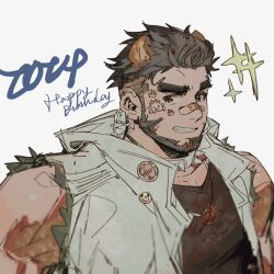 Rule 34 | 1boy, alca (wakatanka4), animal ears, bandaid, bandaid on face, bandaid on nose, bara, beard, black hair, black shirt, english text, facial hair, grey background, grin, gyee, happy birthday, lion ears, looking at viewer, male focus, quirrel (gharnedanshyo), red eyes, shirt, short hair, simple background, sleeveless, smile, solo, teeth, undercut, vest, white vest