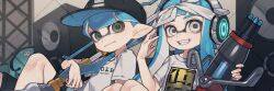 1boy 1girl ballpoint_splatling_(splatoon) baseball_cap black_hat black_shorts blue_hair closed_mouth commission green_eyes grin hairband hand_up hat headphones highres holding holding_weapon inkling inkling_boy inkling_girl inkling_player_character jellyfish_(splatoon) long_hair looking_at_viewer nintendo pointy_ears prat_rat shirt short_hair short_sleeves shorts smile speaker splatoon_(series) squiffer_(splatoon) t-shirt tentacle_hair two-sided_fabric two-sided_headwear watermark watermark_grid weapon white_eyes white_hairband white_shirt
