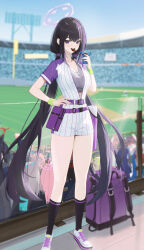 6+girls absurdres ahoge animal_ears arm_up aru_(blue_archive) black_hair black_socks blonde_hair blue_archive chocolate clenched_hand fieryonion food_in_mouth grey_hair grey_sports_bra hair_between_eyes hand_on_own_hip highres hoshino_(blue_archive) long_hair looking_at_viewer maki_(blue_archive) multiple_girls nonomi_(blue_archive) official_alternate_costume official_alternate_hairstyle open_clothes open_shirt pink_hair purple_bag purple_eyes purple_hair red_hair serika_(blue_archive) shiroko_(blue_archive) shirt shoes shorts sidelocks socks solo_focus sports_bra stadium striped_clothes striped_shirt sumire_(blue_archive) sumire_(part-time)_(blue_archive) vertical-striped_clothes vertical-striped_shirt white_shirt white_shoes white_shorts yuuka_(blue_archive)