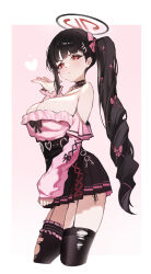 1girl absurdres alternate_costume alternate_hairstyle bare_shoulders black_choker black_hair blue_archive blush breasts casual choker closed_mouth cowboy_shot garter_straps halo highres jirai_kei large_breasts long_hair looking_at_viewer mamo_(user_jjca7524) miniskirt off_shoulder pink_background rio_(blue_archive) simple_background skirt solo standing thighhighs thighs very_long_hair zettai_ryouiki