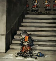 blue_hair bucket bucket_on_head bucket_spill bug fly hat unworn_hat unworn_headwear bug jiangshi koto_inari miyako_yoshika multiple_girls object_on_head ofuda outstretched_arms pale_skin sad spill stairs star_(symbol) touhou zombie_pose
