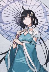 Rule 34 | 1girl, ahoge, araragi tsukihi, black hair, blue eyes, detached sleeves, highres, holding, holding umbrella, long hair, looking at viewer, monogatari (series), oil-paper umbrella, one eye closed, sleeveless, solo, sonnambulo777, umbrella, very long hair, wide sleeves, wink