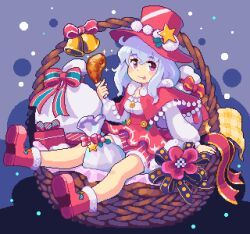 1girl basket bell blush boots box breasts cleavage closed_mouth gift gift_box grey_hair long_hair long_sleeves looking_at_viewer medium_breasts original oyuzaki_(ayuzaki) pixel_art purple_eyes red_boots red_ribbon ribbon santa_costume sitting smile solo tongue tongue_out