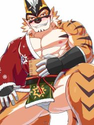 1boy abs animal_ears bara bare_pectorals beige_fur blush covered_testicles drunk facial_hair feet_out_of_frame fundoshi furry furry_male gluteal_fold goatee grin hadanugi_dousa highres horumu_(norubahu) japanese_clothes live_a_hero looking_at_viewer male_focus mask muscular muscular_male nipples official_alternate_costume on_one_knee open_kimono orange_fur pectorals pelvic_curtain ryekie_(live_a_hero) seductive_smile short_hair single_bare_shoulder smile solo thick_thighs thighs tiger_boy tiger_ears two-tone_fur
