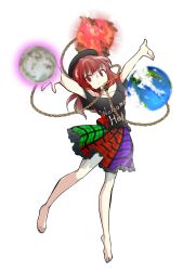 1girl alphes_(style) arms_up bare_arms bare_legs bare_shoulders barefoot black_choker black_hat black_shirt blue_skirt breasts chain choker cleavage clothes_writing commentary_request dairi earth_(ornament) english_text engrish_text frilled_skirt frills full_body gold_chain green_skirt hat hecatia_lapislazuli highres large_variant_set legacy_of_lunatic_kingdom legs_apart long_hair medium_breasts miniskirt moon_(ornament) multicolored_skirt no_bra off-shoulder_shirt off_shoulder outstretched_arms parody ranguage red_hair red_skirt shirt short_sleeves skirt solo standing standing_on_one_leg style_parody t-shirt tachi-e touhou transparent_background variant_set